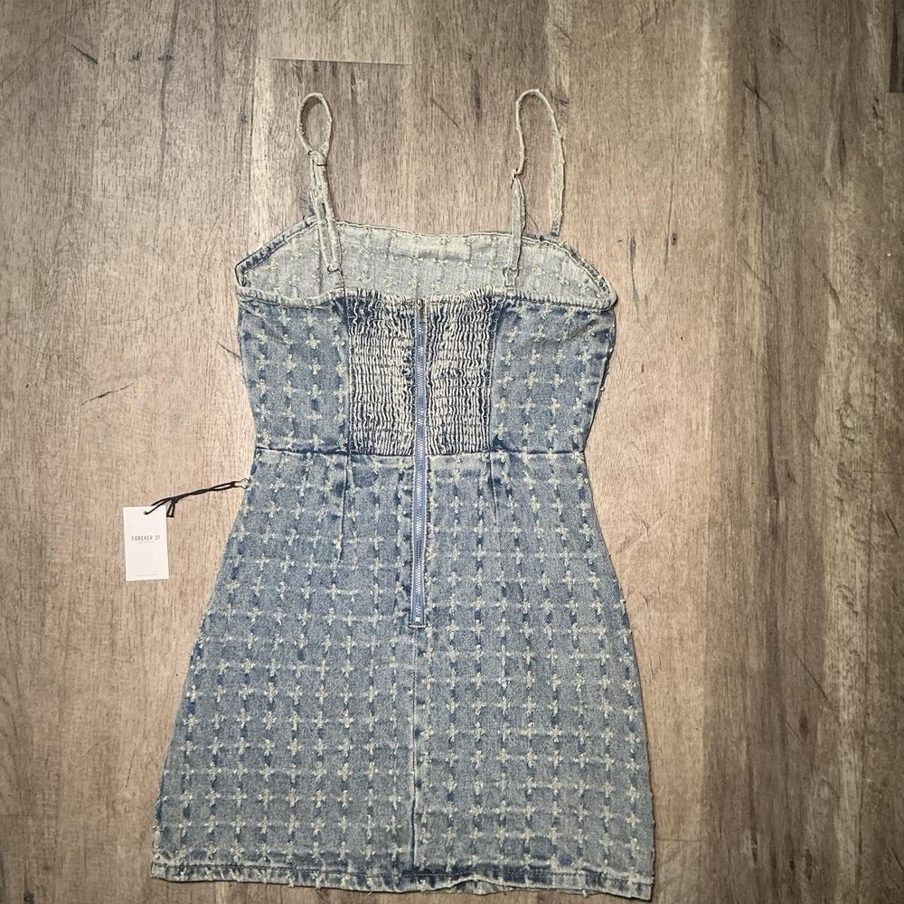 Forever 21 Blue Denim Grid Texture Strapless Mini Dress Y2K Going Out Size XS - Picture 5 of 6